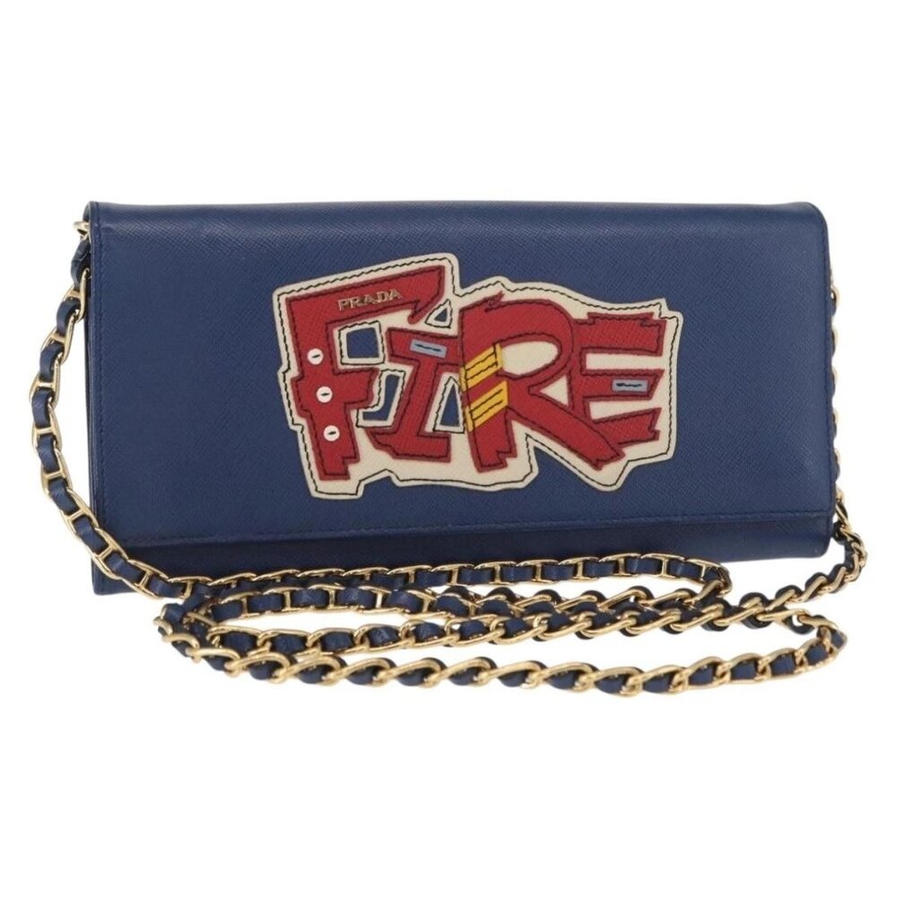 PRADA Chain Shoulder Wallet Safiano leather Blue Gold